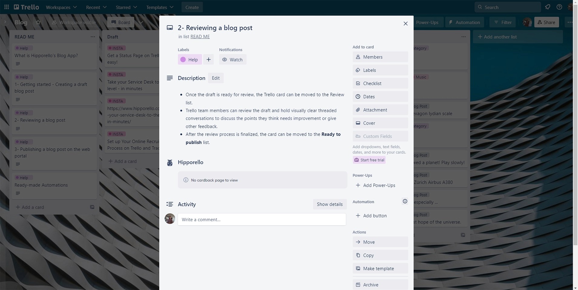 Trello cardback for Blog post