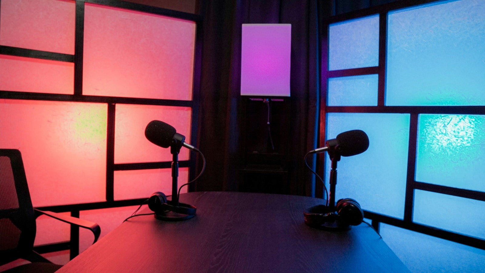 Video podcast studio with professional lighting setup