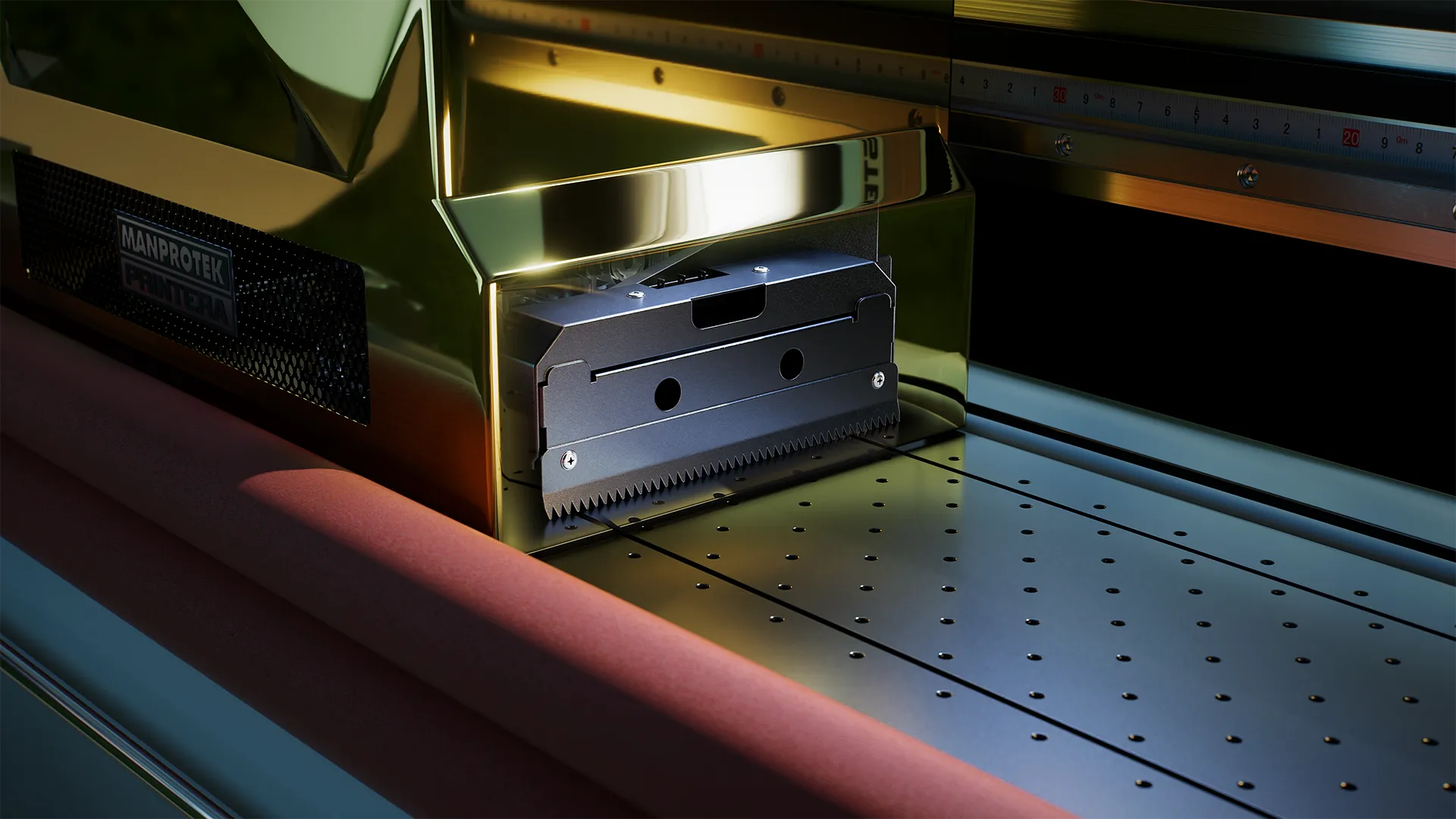 Close-up of the left emergency collision prevention device on the Printera Pro UV DTF printer, which automatically stops the process to protect the printhead and prevent accidents