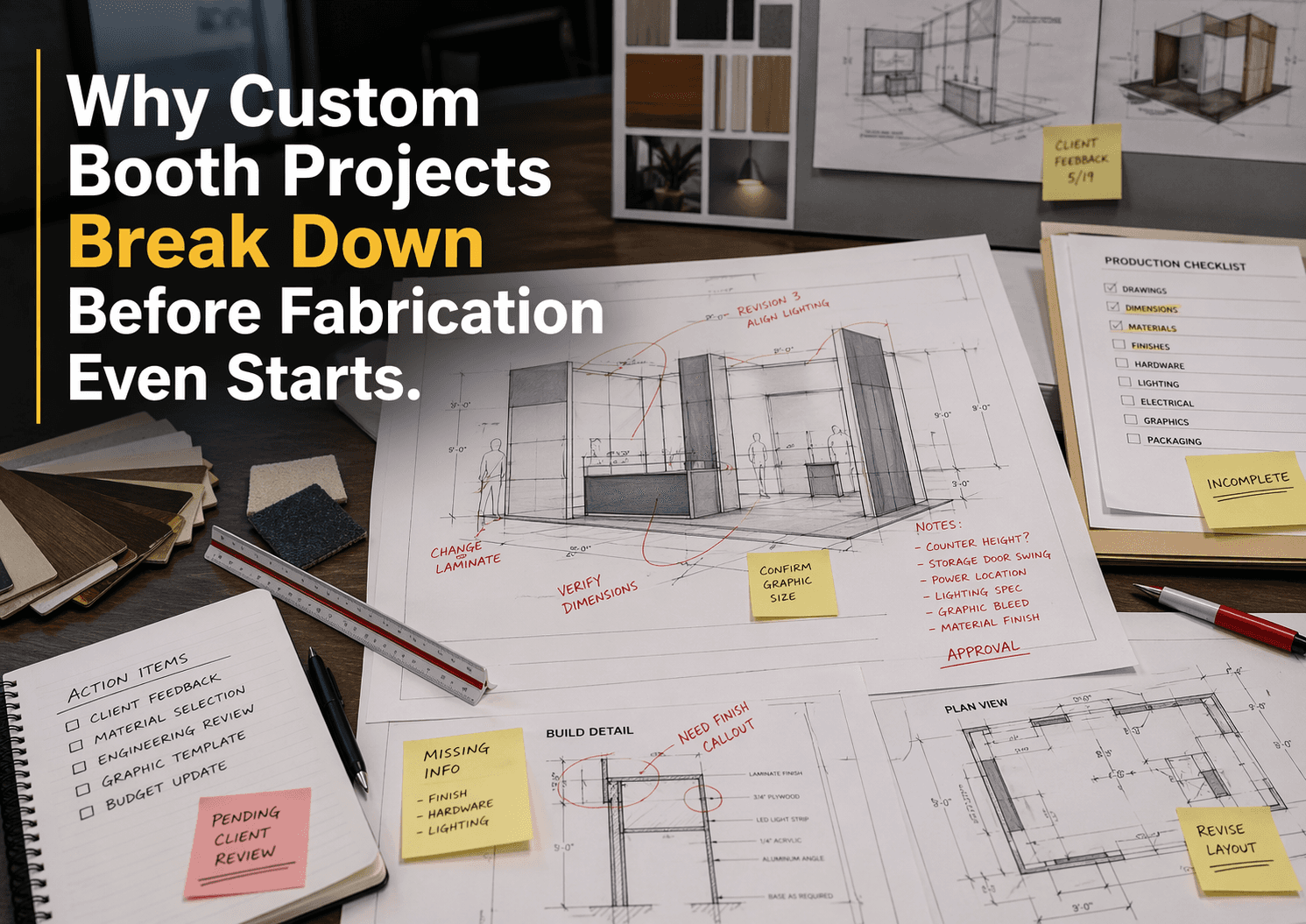 Custom trade show booth planning desk with revision-marked drawings, production checklist, material samples, and unresolved fabrication notes before shop release