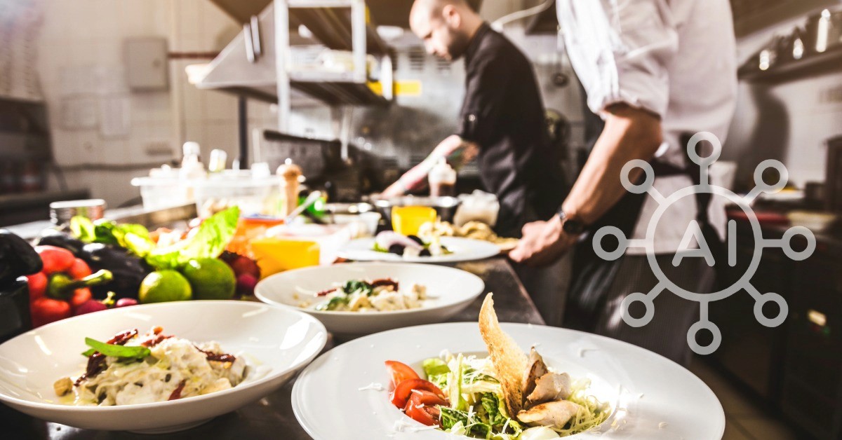 Restaurant kitchen with chefs plating dishes and fresh ingredients, overlaid with an AI network icon representing ChatGPT advertising for small businesses