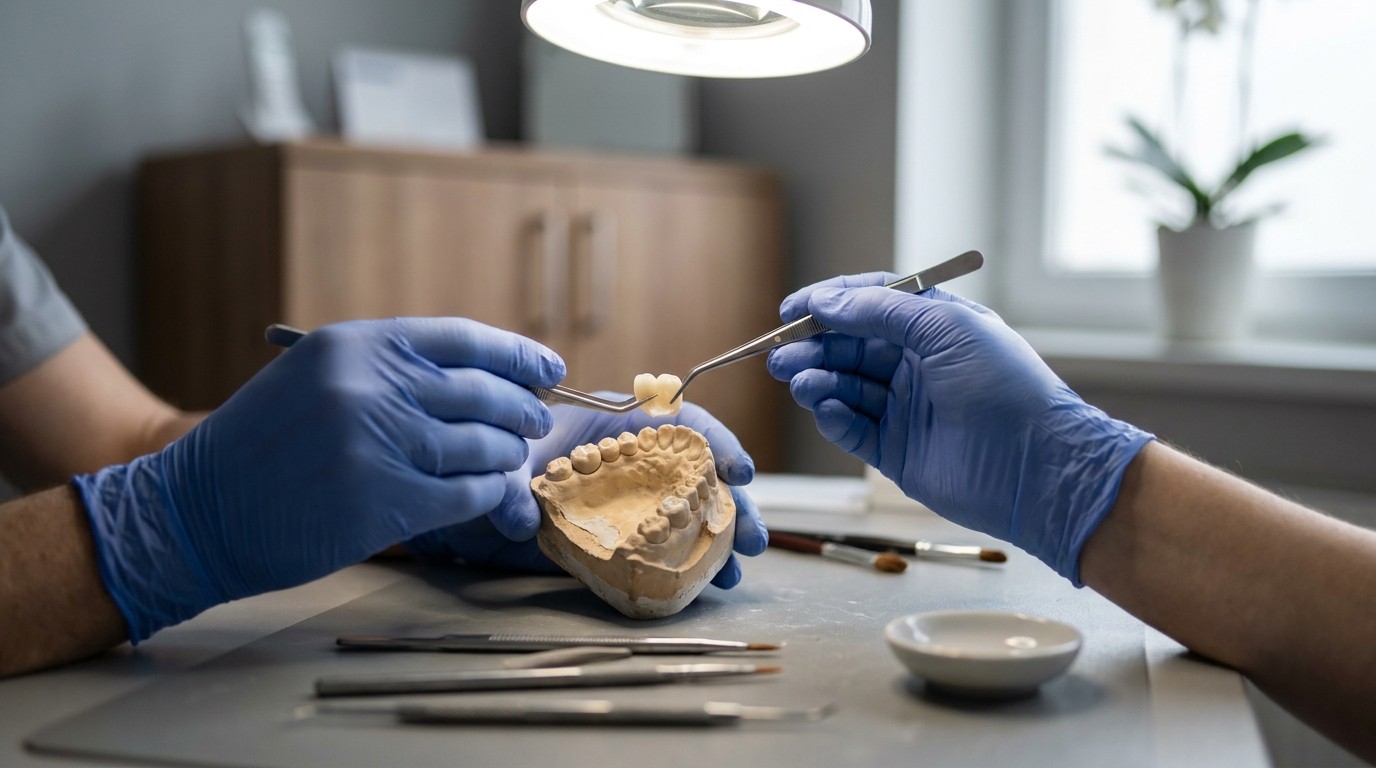 A dental technician checking the fit of a ceramic crown against a study model