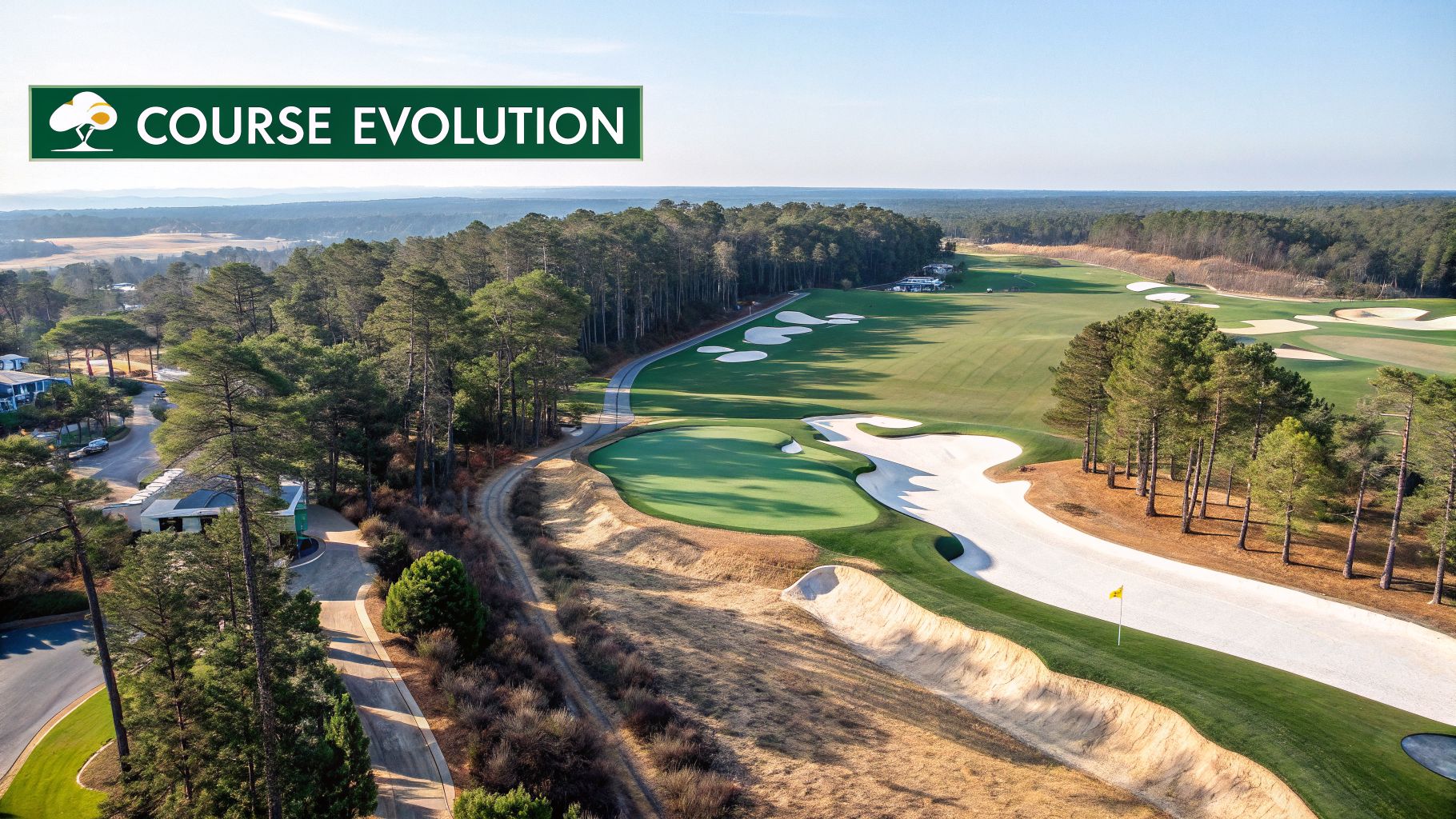Aerial view of a beautiful golf course with green fairways, white sand bunkers, and tall pine trees.