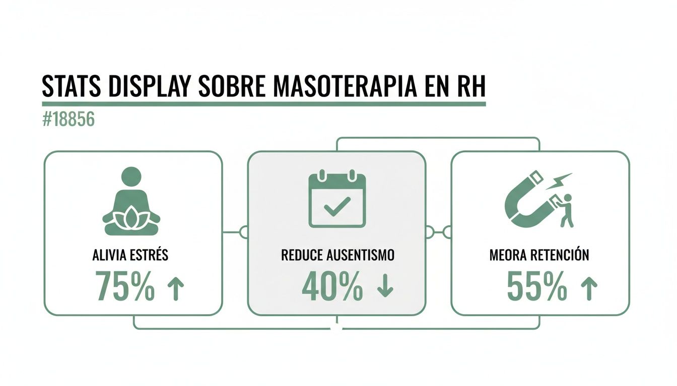 Infografía sobre beneficios de masoterapia en RH: reduce estrés (75%), ausentismo (40%) y mejora retención (55%).
