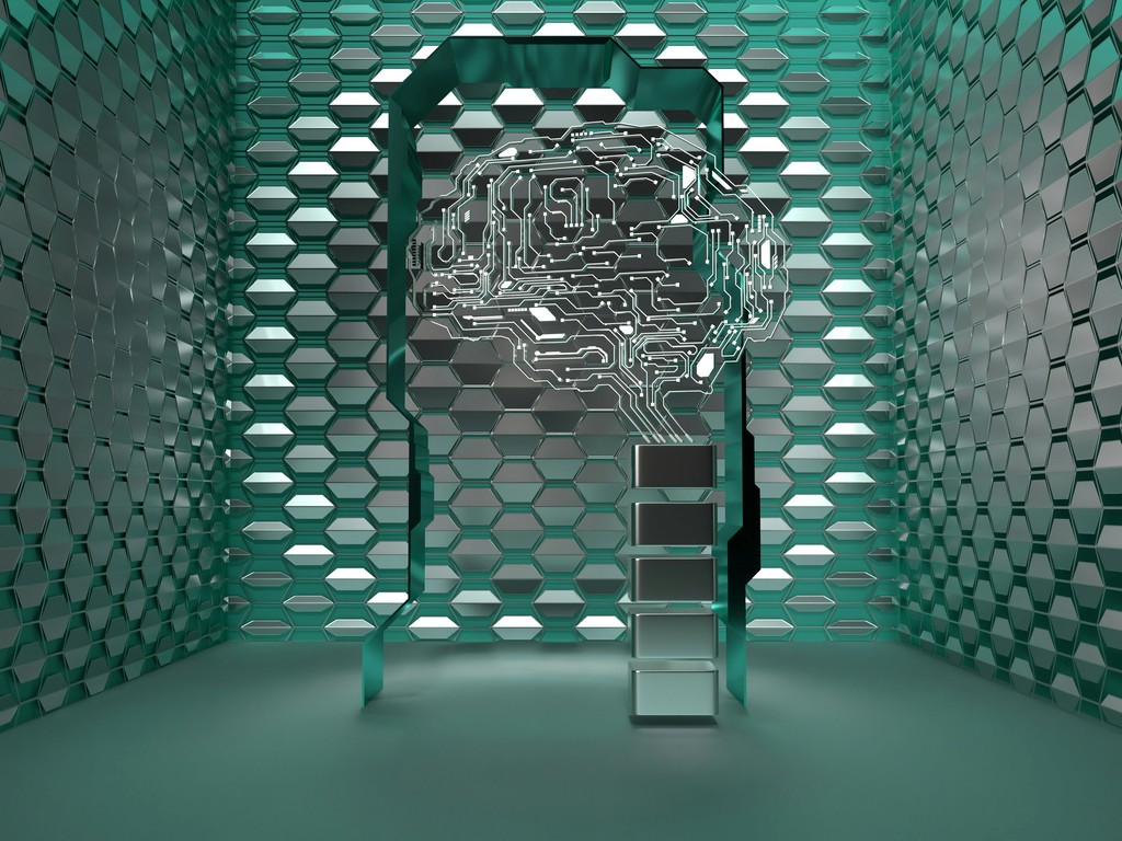 A futuristic room with hexagonal tiles and a central, transparent digital brain structure connected to a pedestal, symbolizing cutting-edge technology and artificial intelligence.