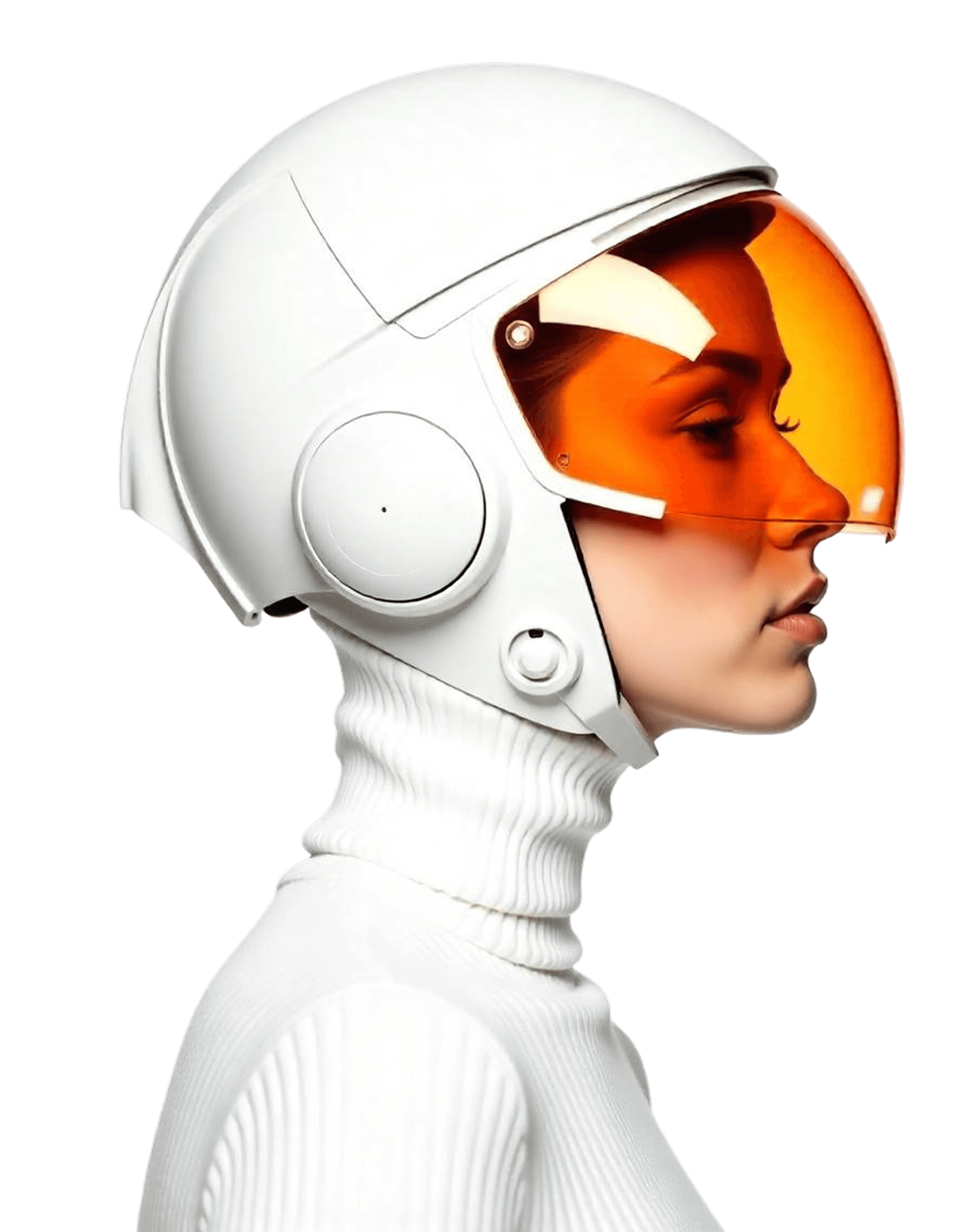 Futuristic woman in a white helmet with an orange visor.
