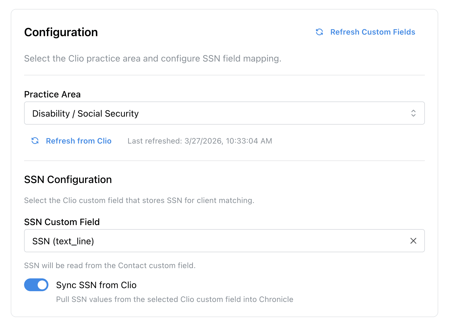 Clio configuration - practice area and SSN mapping