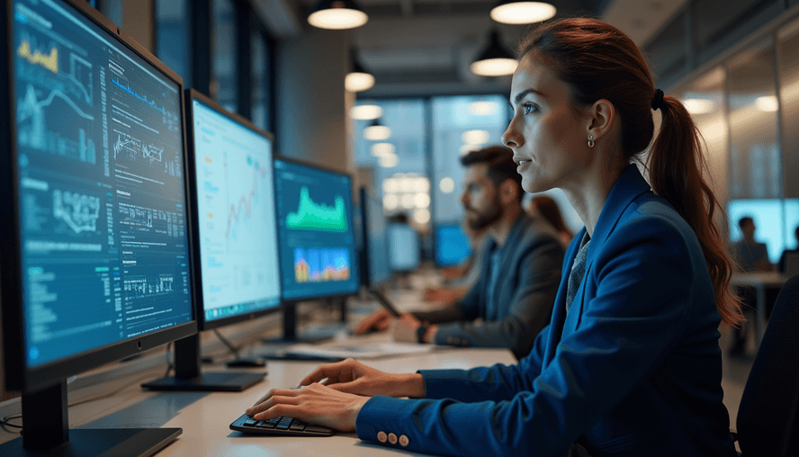 Eye-level view of a modern office space with a digital marketing team analyzing data on screens