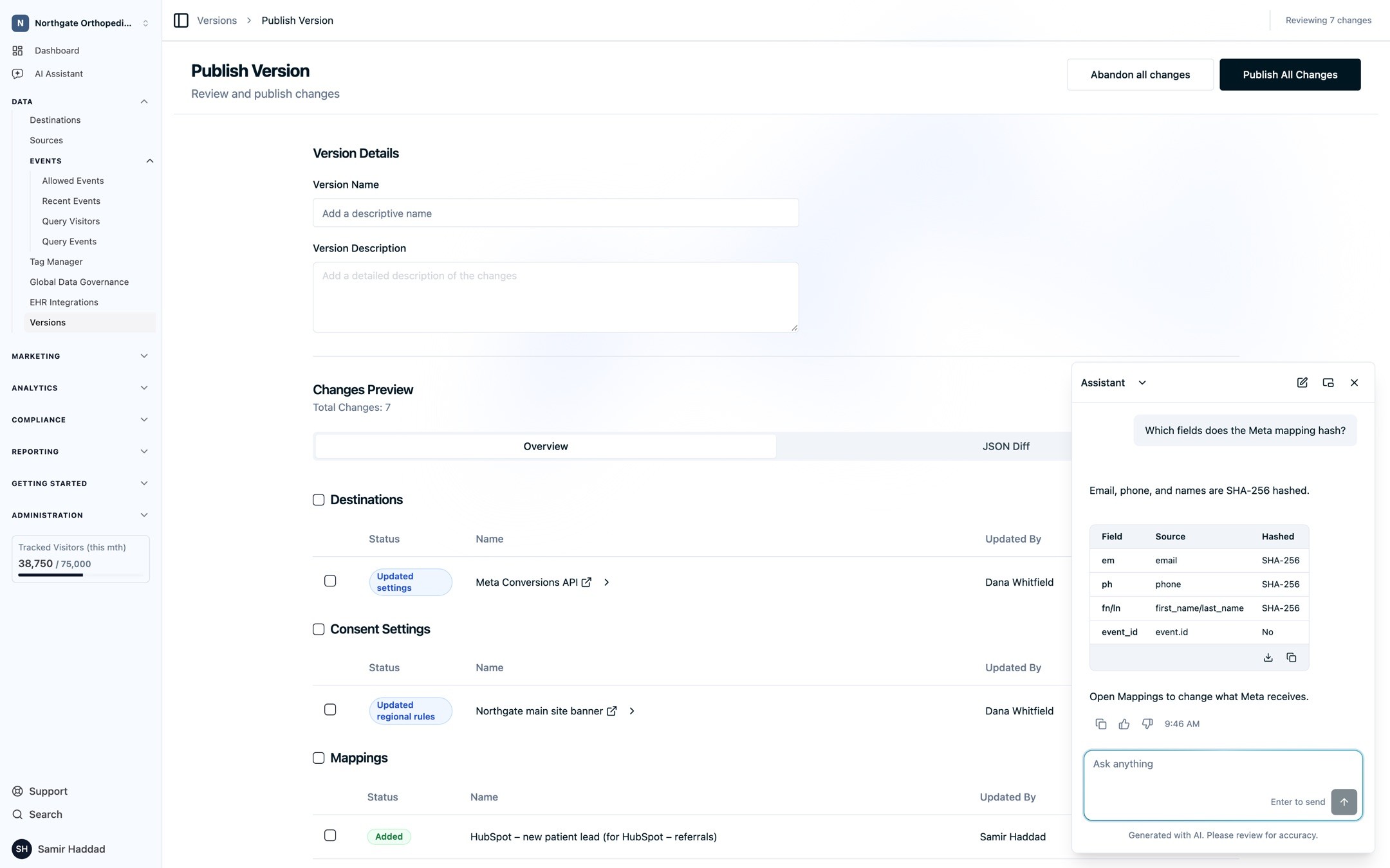 The floating AI Assistant open over a Publish Version page, answering which fields the Meta mapping hashes with a table of email, phone, name, and event ID fields
