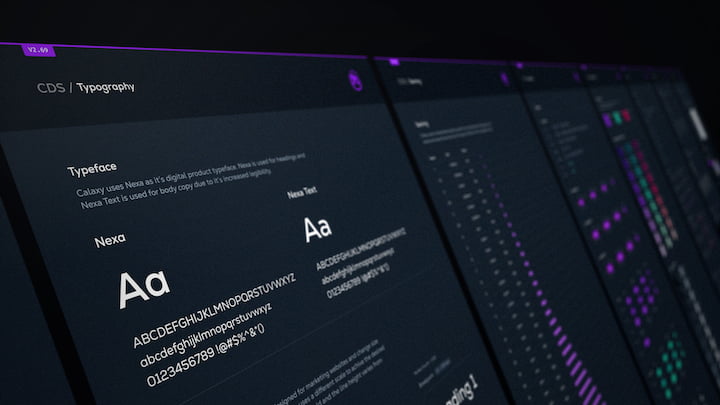 Calaxy Design System typography showcase - angled monitor displaying Nexa typeface documentation by Chadd Weston