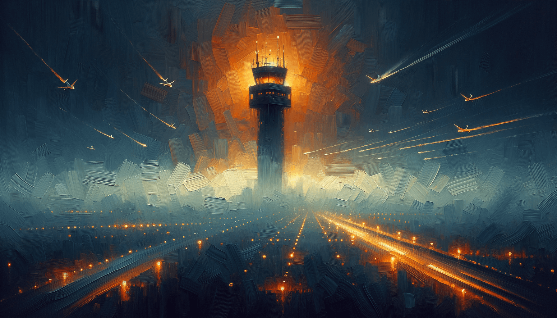 Oil painting of a lone air traffic control tower glowing orange in dense fog with scattered aircraft lights crossing paths