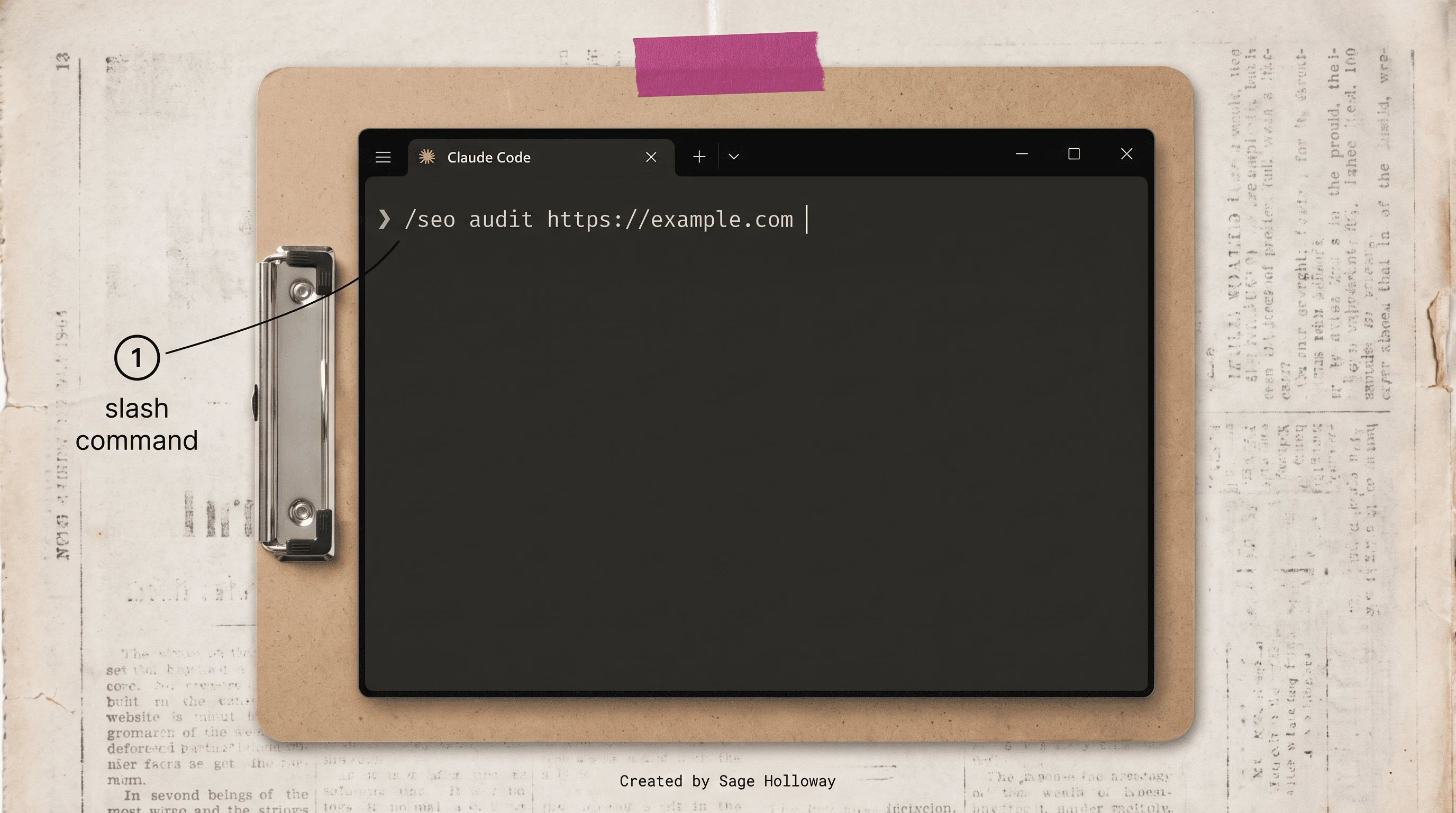 Claude Code terminal showing the /seo audit slash command on an example URL