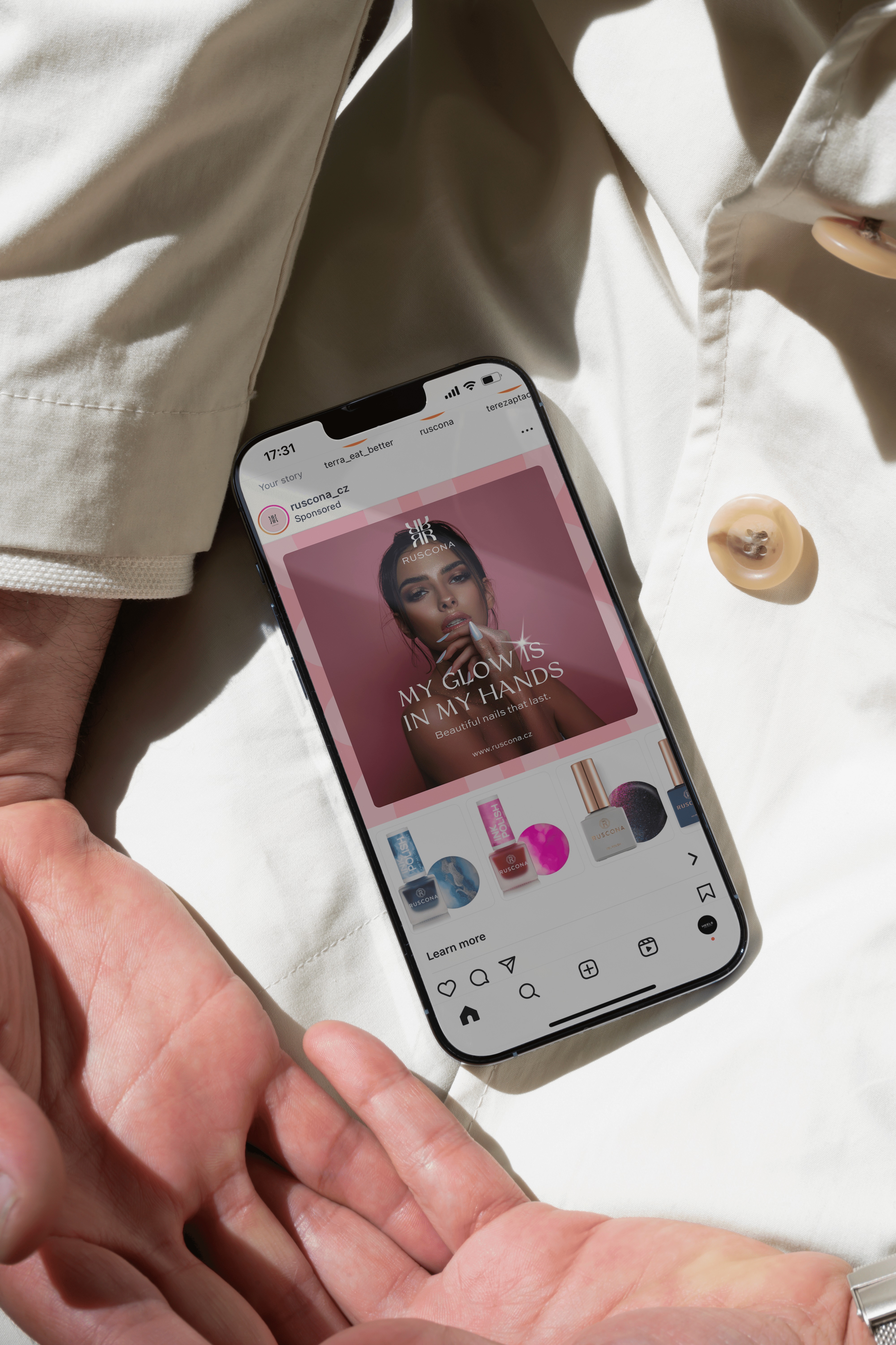 Ruscona professional beauty rebrand across nail-cosmetics packaging and identity