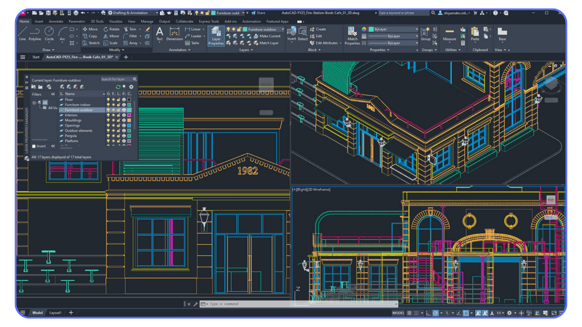 AutoCAD interface showing multiple viewports with detailed architectural 2D and 3D building drawings.