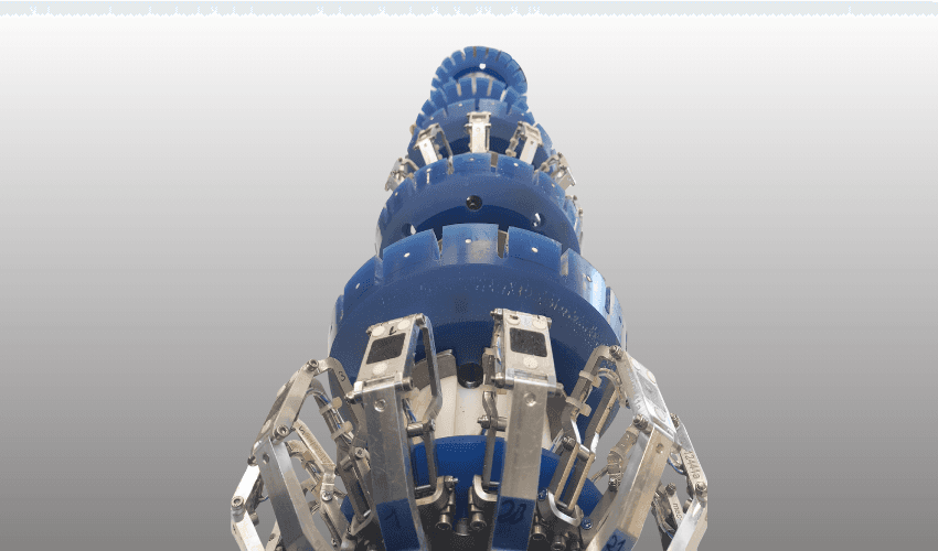 Animated close-up of a blue and silver mechanical device rotating