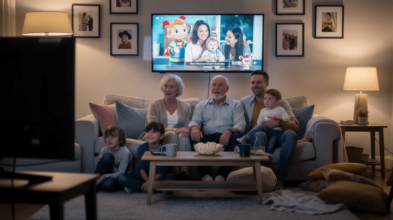 A multi-generational family gathers in a cozy living room, watching a large television screen that displays a family history video filled with cherished memories and life stories. This meaningful moment captures the essence of their shared history, as they honor their loved ones and preserve their legacy for future generations.