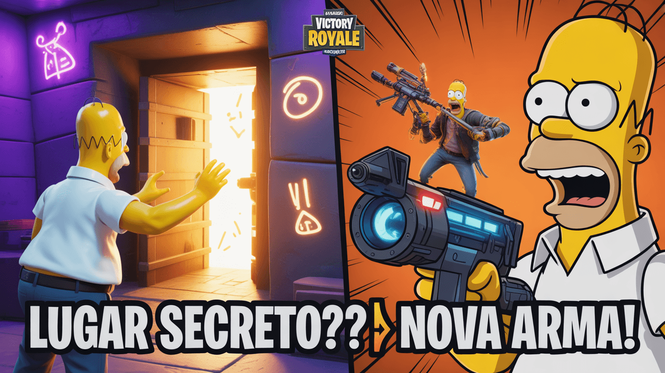 Split-screen Fortnite secret vault and new weapon reveal with comic character reactions and Portuguese headline