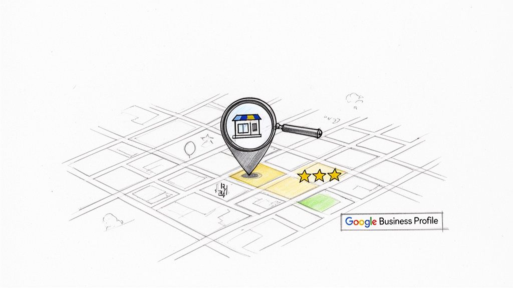 Map illustration showing a pinpointed shop with a magnifying glass, customer ratings, and Google Business Profile.