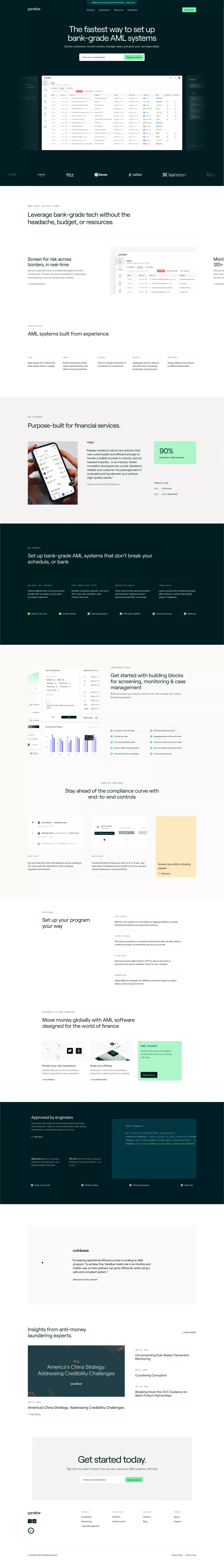 Sandbar landing page screenshot showcasing Finance and Tech design