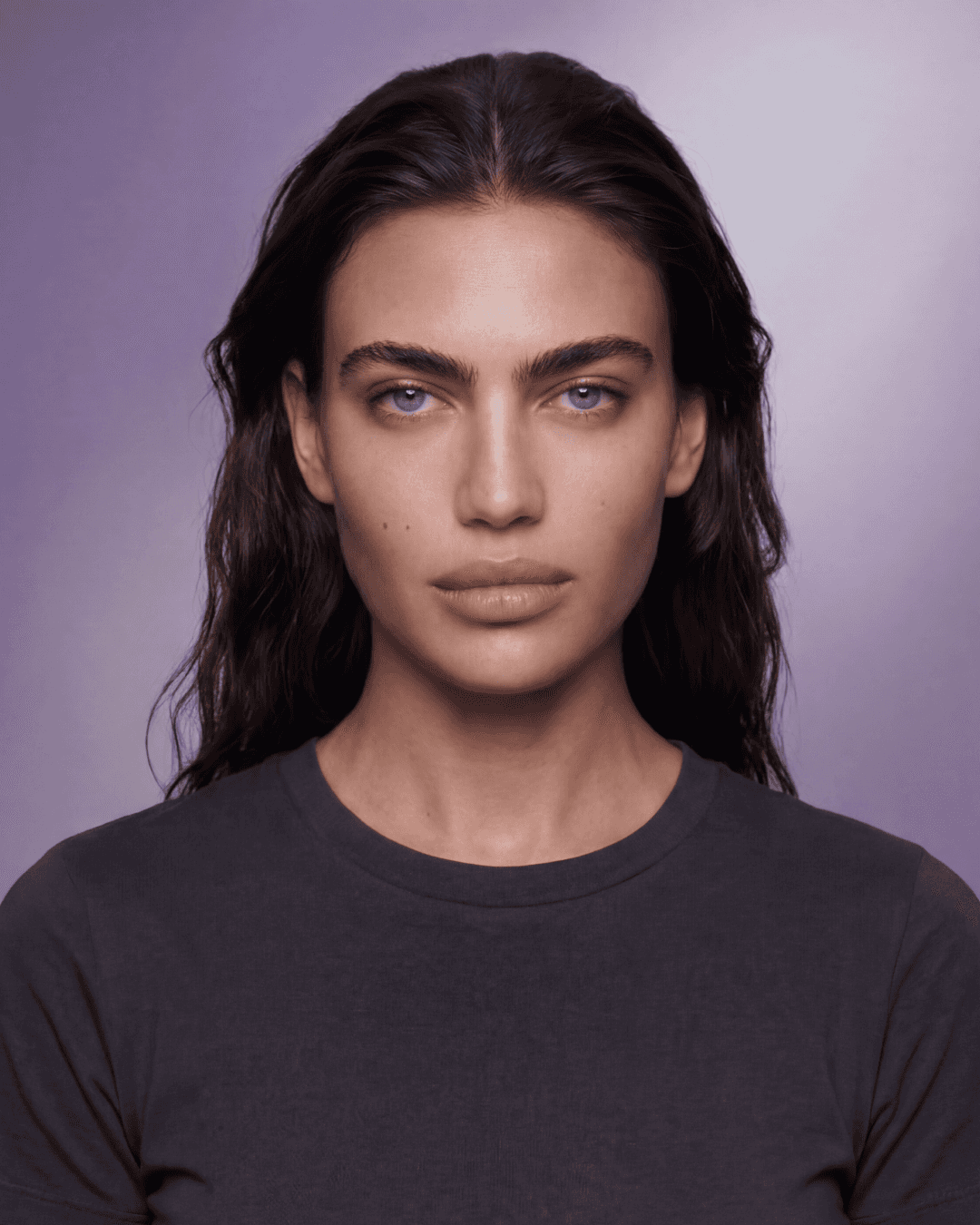 Mila Kovač AI model portrait, dark hair, editorial studio look, Gemzy AI jewelry studio