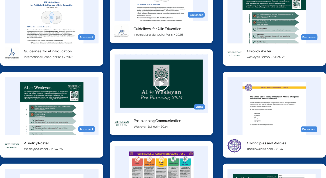 Thumnail image showing various free resources in Flint's AI policy library for teachers and admins. 