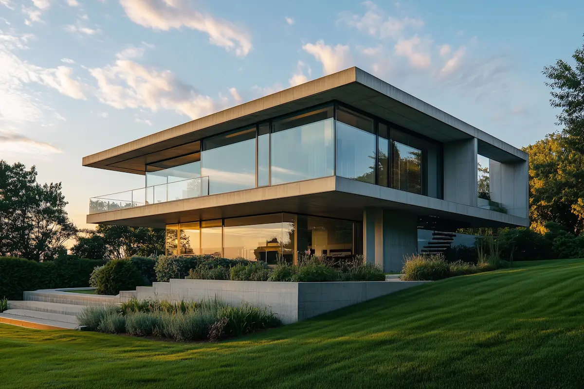 Modern glass and concrete house on a sloping lawn.