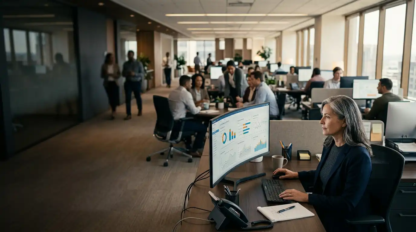 Health plan analyst reviewing dashboards in an open office