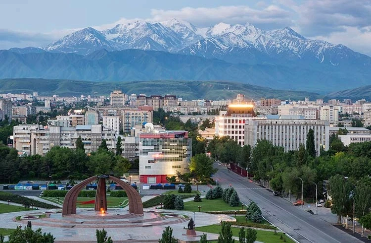 Bishkek skyline with snowy mountains