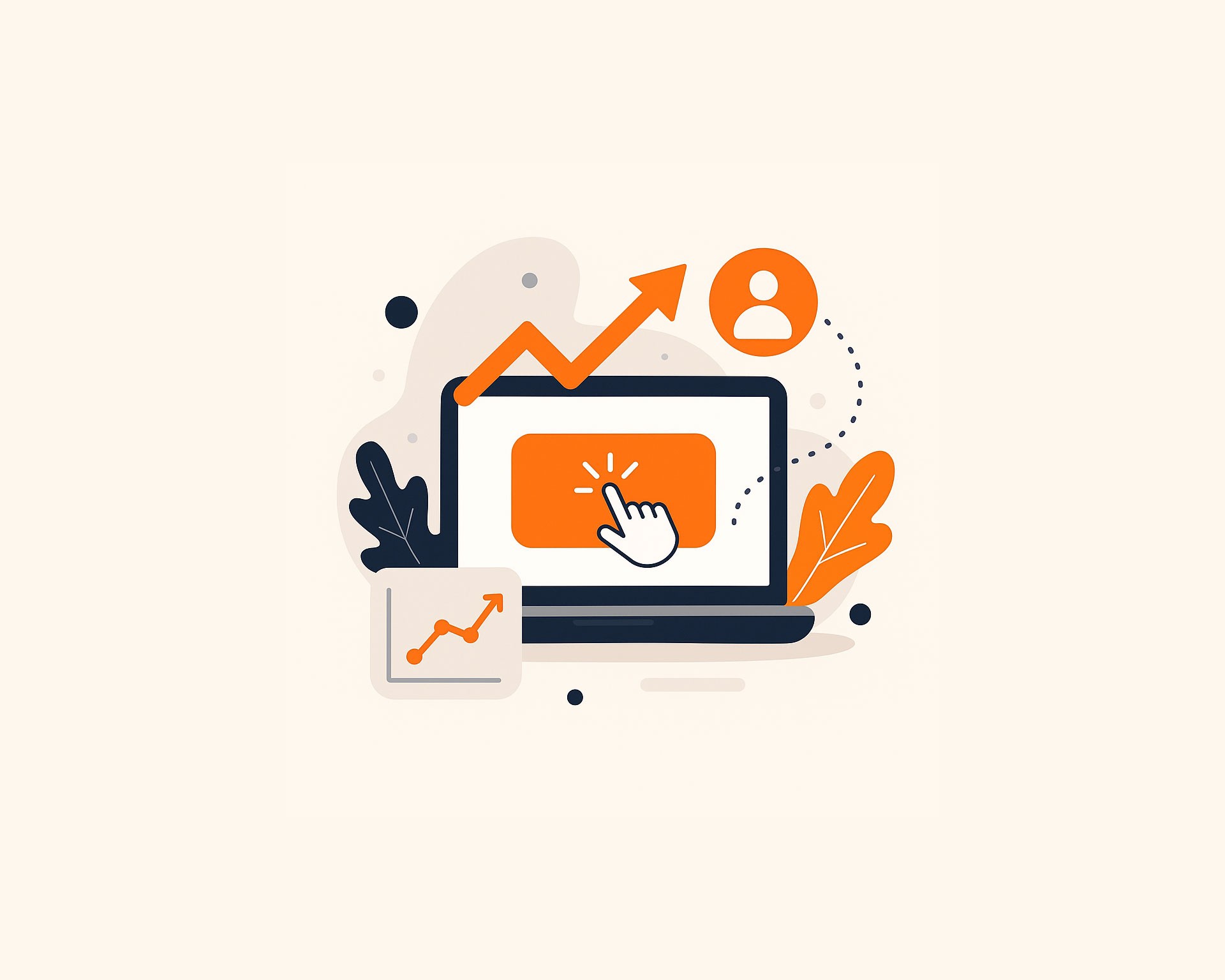 Illustration Conversion im Webdesign – Laptop mit Klick-Button, Pfeil nach oben, Nutzer-Symbol und Diagramm für KMU in der Schweiz und Liechtenstein