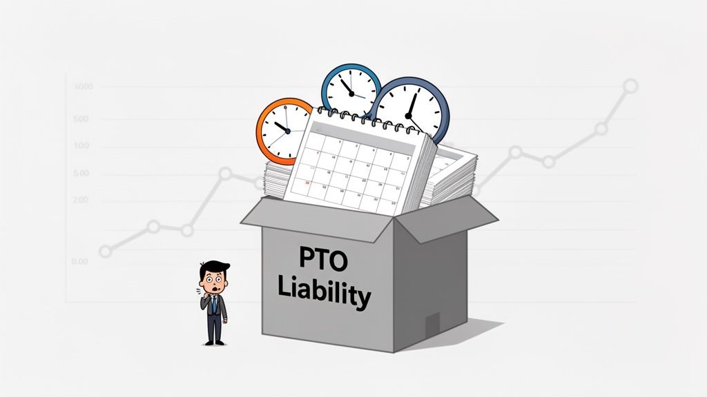 A worried businessman stands next to a box labeled 'PTO Liability' overflowing with calendars and clocks.