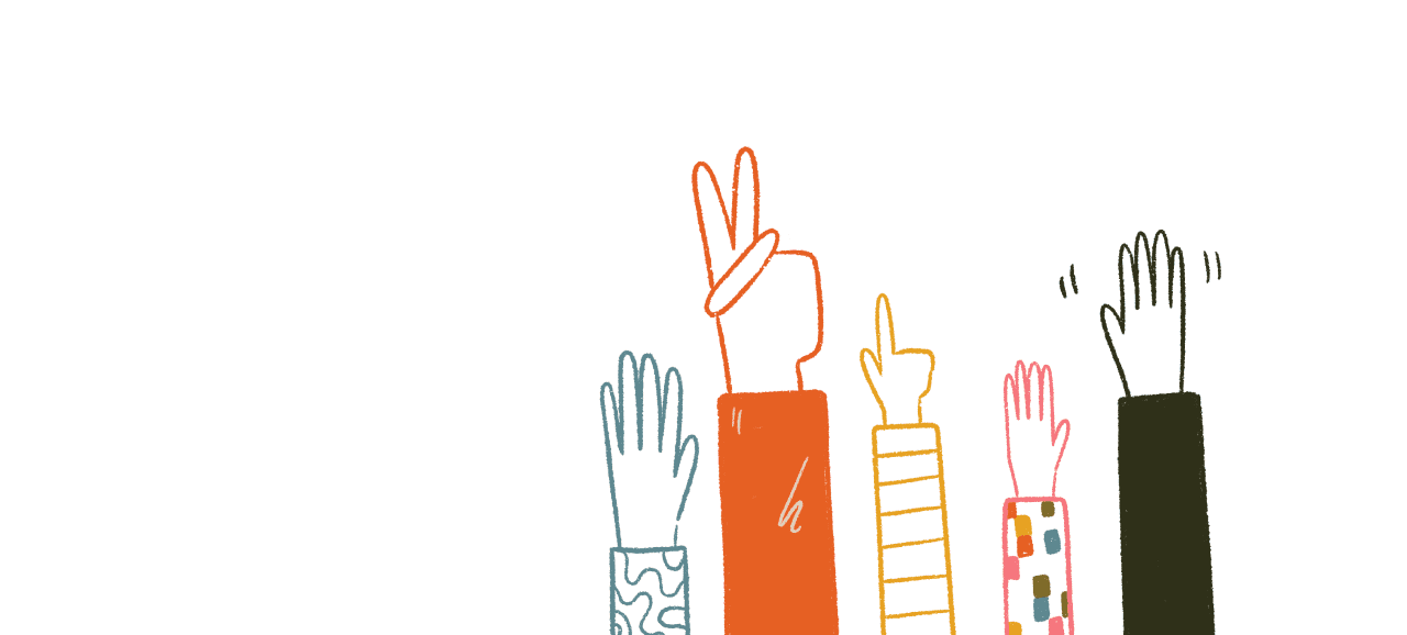 Illustration of diverse hands raised, signaling participation and engagement.