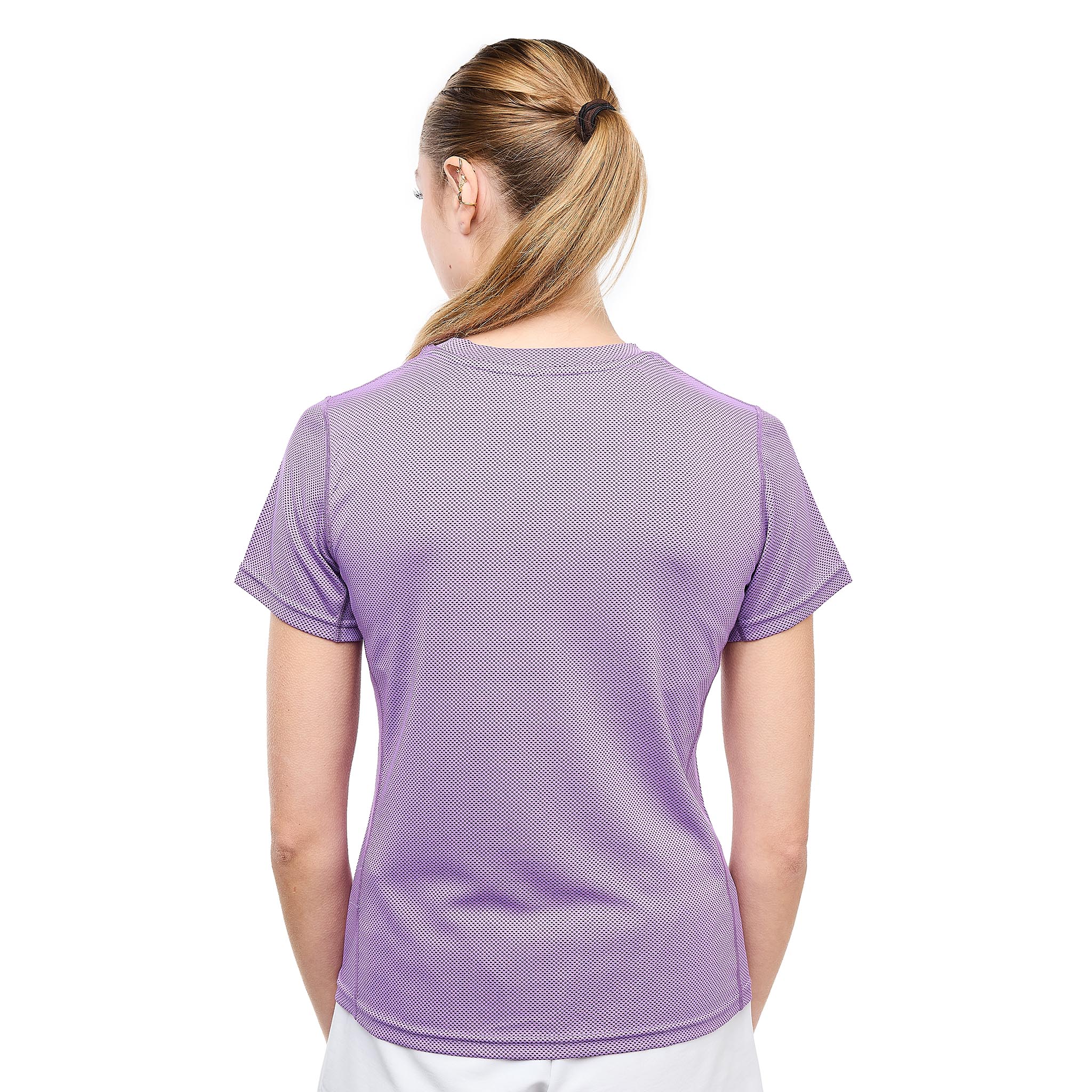 Women's purple G-Heat cooling T-shirt worn from the back, fitted cut, white background
