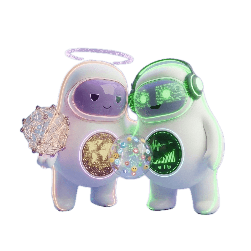 duo de robots 3D futuristes analysant des données financières et des signaux de marché mondiaux.