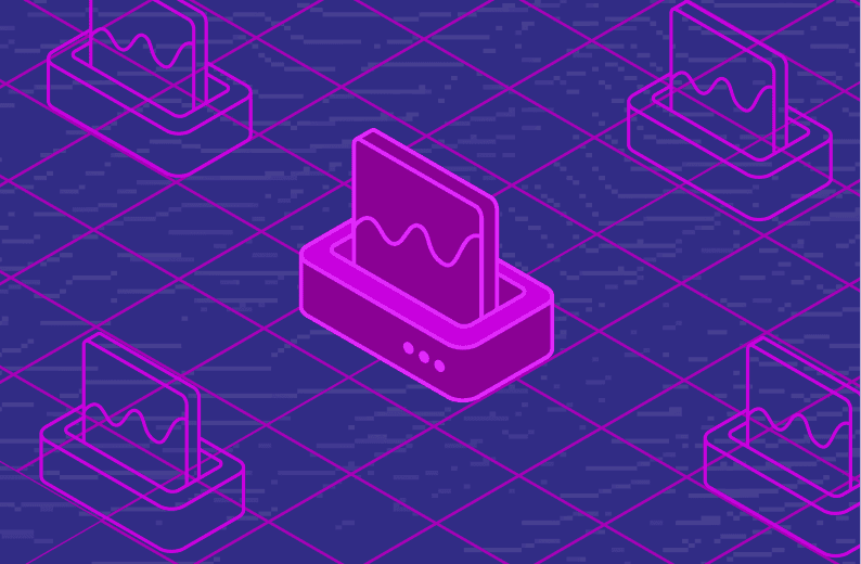 Isometric illustration of a device displaying an audio waveform, repeated in a grid pattern with neon purple outlines.
