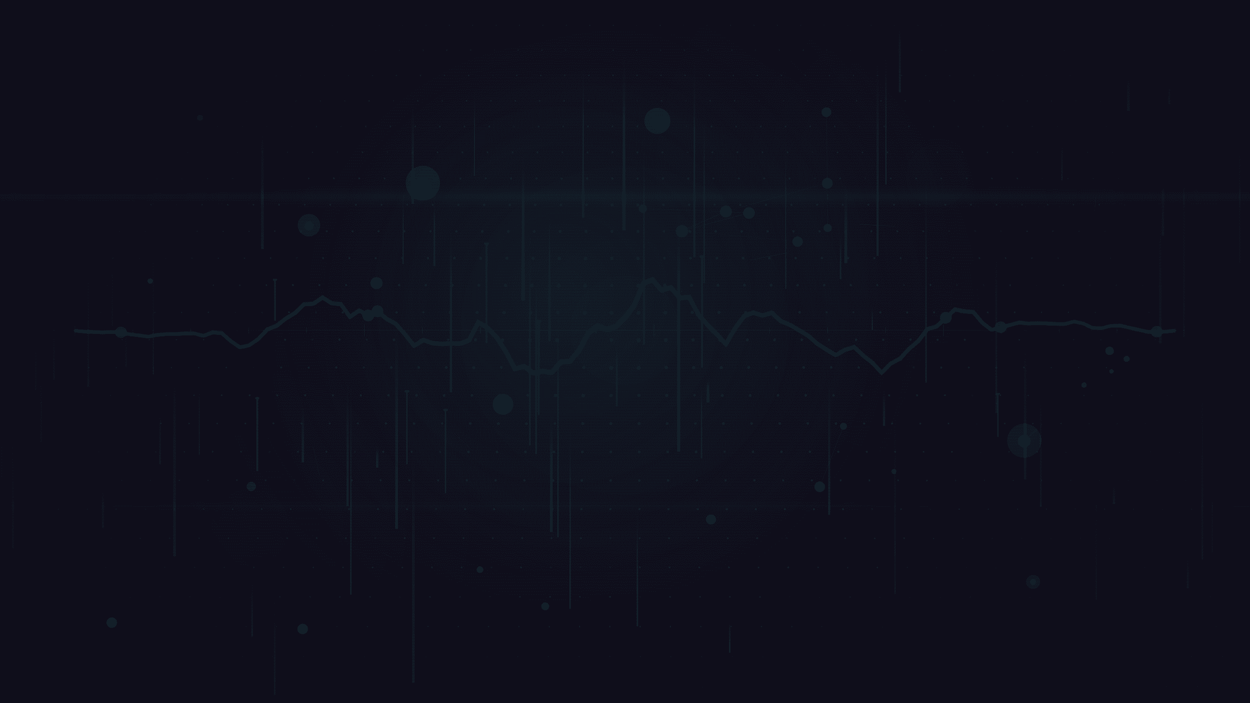 Abstract digital composition resembling a signal processing display with a flowing data waveform, perspective dot grid, vertical frequency spectrum bars, and network topology nodes on deep indigo, evoking the invisible architecture of live data transmission.
