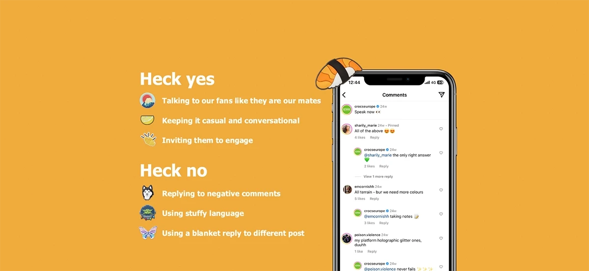 Crocs Europe social media community management brand guidelines showing 'Heck Yes' and 'Heck No' dos and don'ts rules alongside iPhone mockup displaying Instagram comments section, on bold amber background
