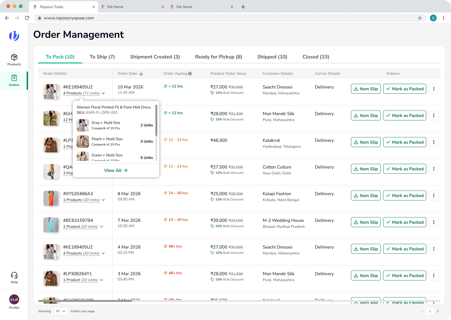 A status-tabbed OMS with order ageing indicators, so sellers always know what needs attention first.