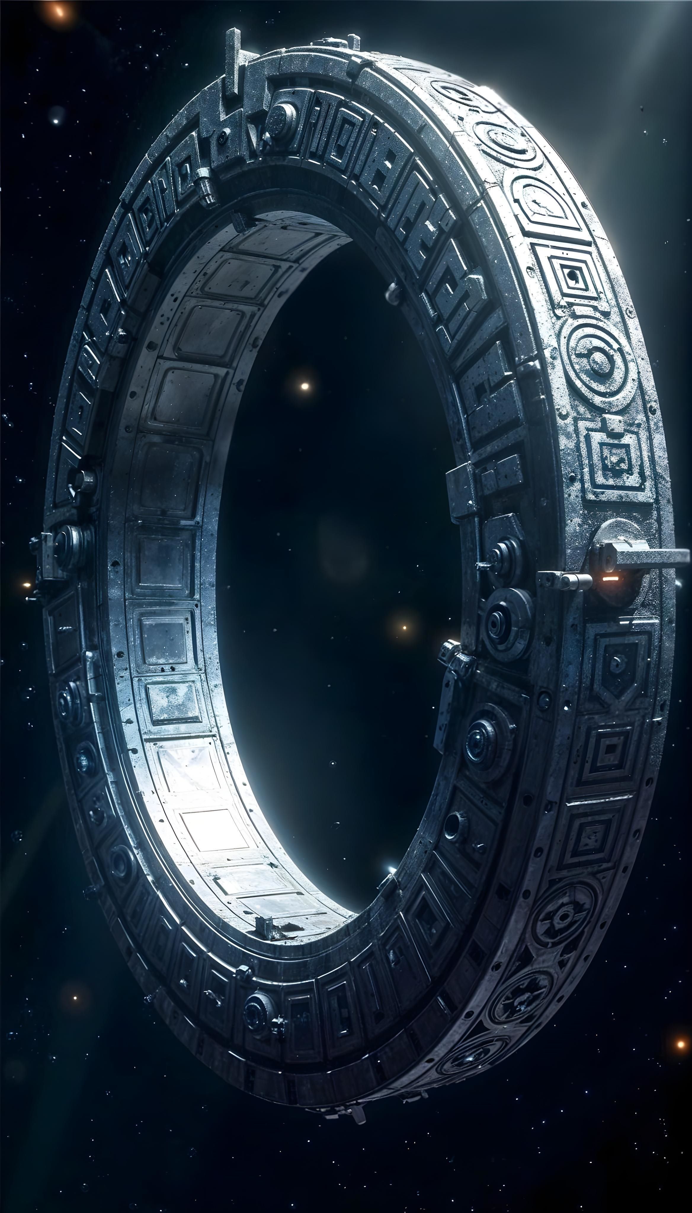 A large, metallic, circular space structure floats in a starry universe. The structure has intricate geometric patterns and a metallic sheen, illuminated by a soft light, creating a futuristic and mysterious atmosphere.