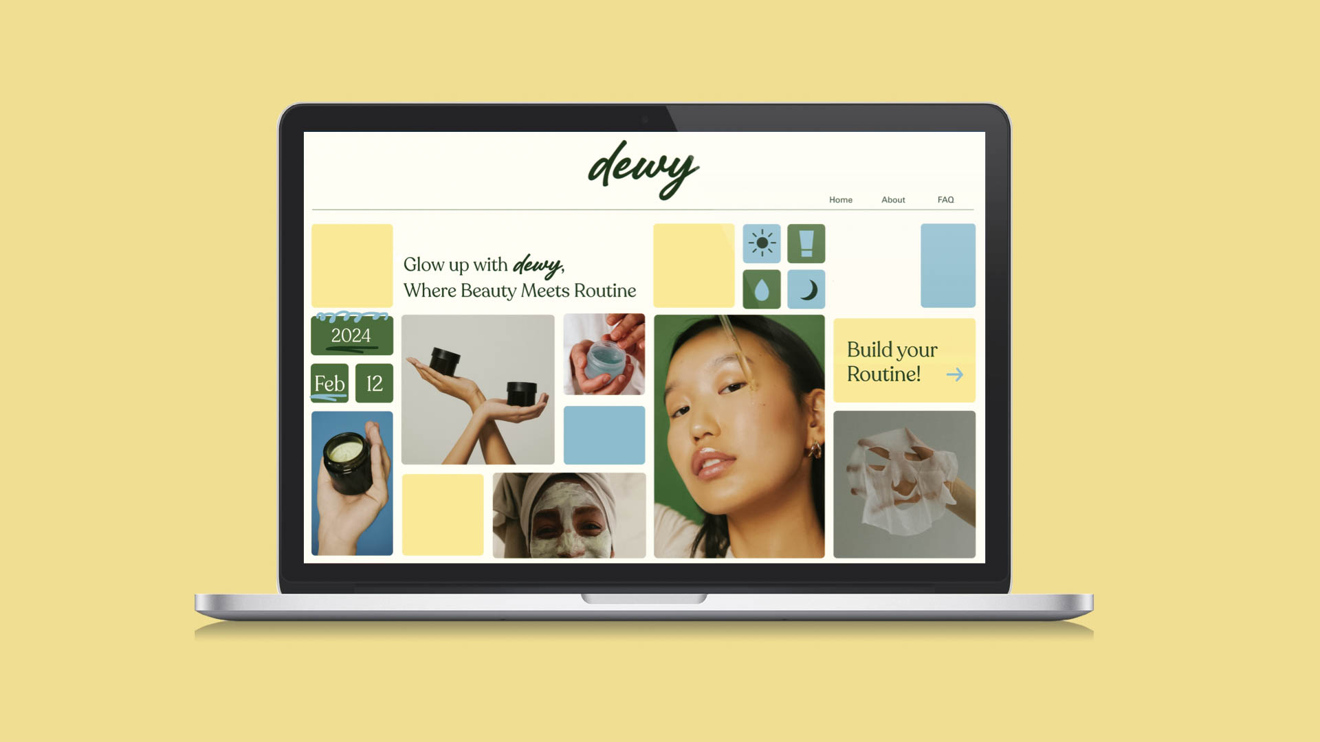 A laptop screen displays a website for "dewy," featuring a grid of images showcasing beauty routines and products. The website includes navigation links for "Home," "About," and "FAQ." The year 2024 is visible, along with February and December dates. The text "Glow up with dewy. Where Beauty Meets Routine" is prominently displayed.