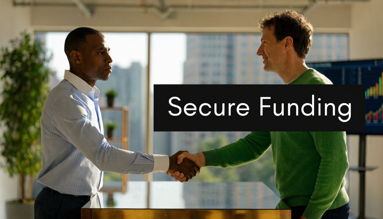 A professional man in a dress shirt shaking hands with a man in a green sweater