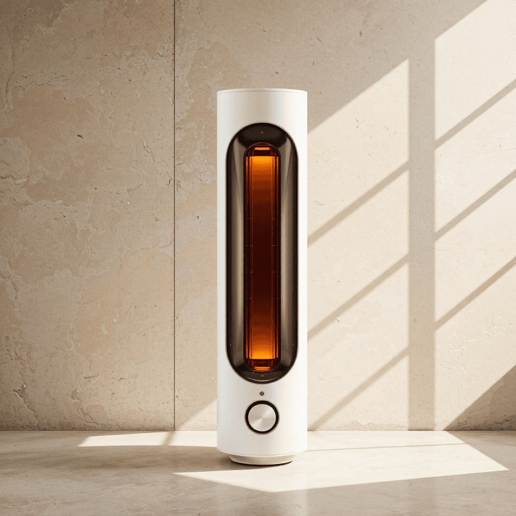product photography of a portable electric heater with a cylindrical design