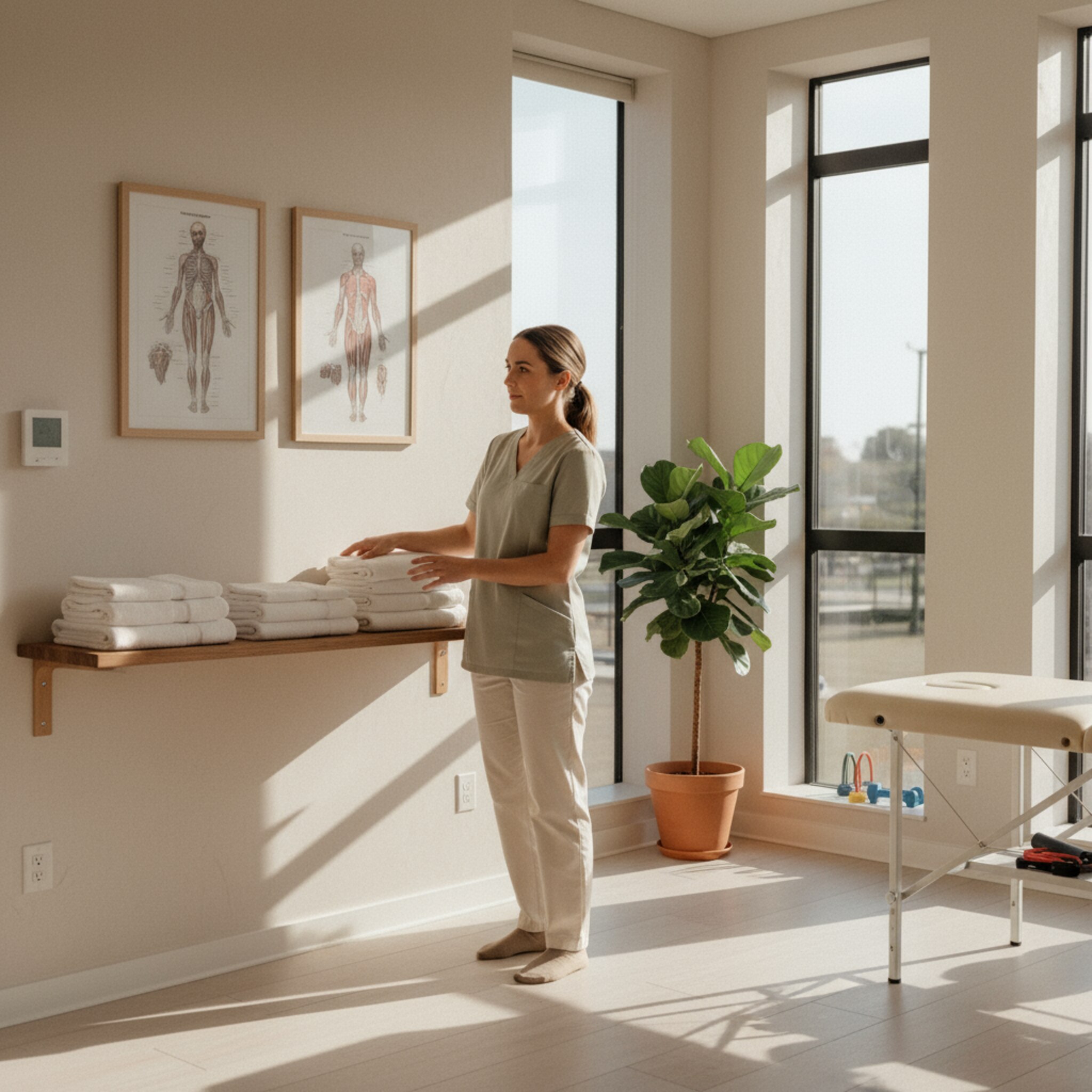 Eine Physiotherapeutin richtet eine Behandlungsliege aus, faltet frische Handtücher und prüft die Raumtemperatur. Warmes Morgenlicht fällt durch hohe Fenster auf helle Holzböden. An der Wand hängen dezent zwei gerahmte Anatomiezeichnungen. Eine grüne Zimmerpflanze setzt einen ruhigen Akzent. Der Raum wirkt bereit für die nächste Sitzung.