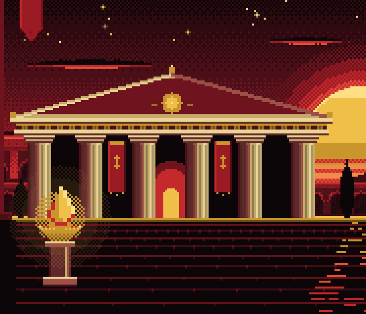 A pixel-art Roman temple at sunset seen through an arch.
