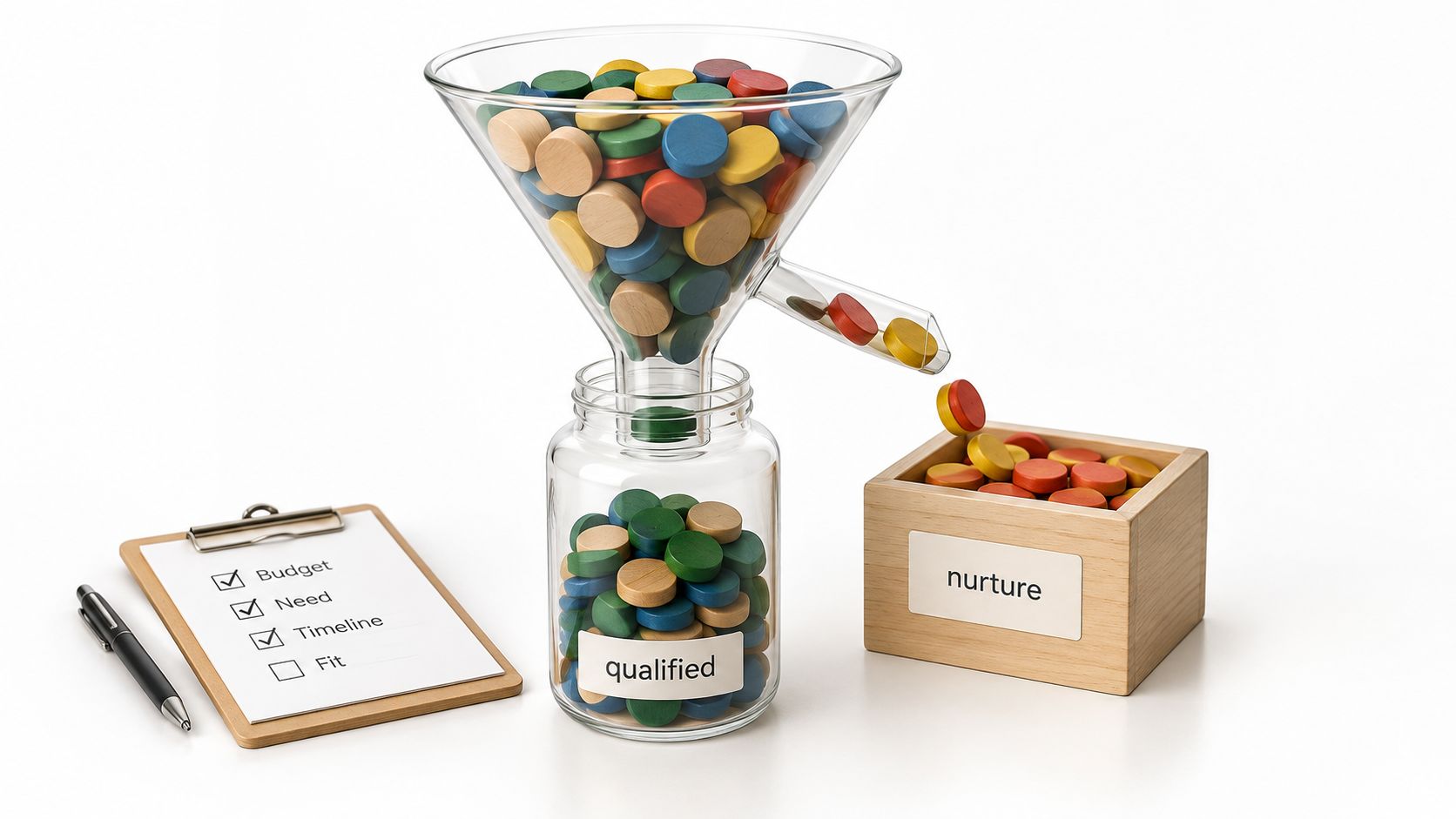 A marketing funnel concept showing leads being sorted into qualified jar or nurture box with checklist.