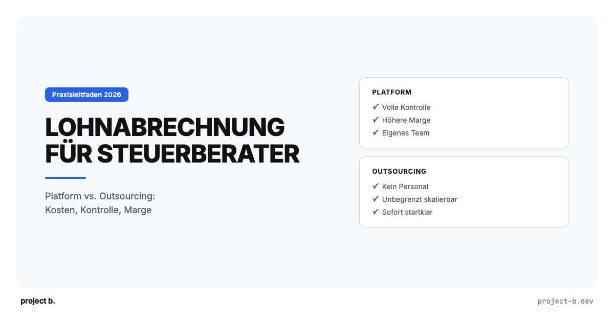 Infografik Lohnabrechnung für Steuerberater: Vergleich Platform vs. Outsourcing mit Vorteilen wie Kontrolle, Marge und Skalierbarkeit
