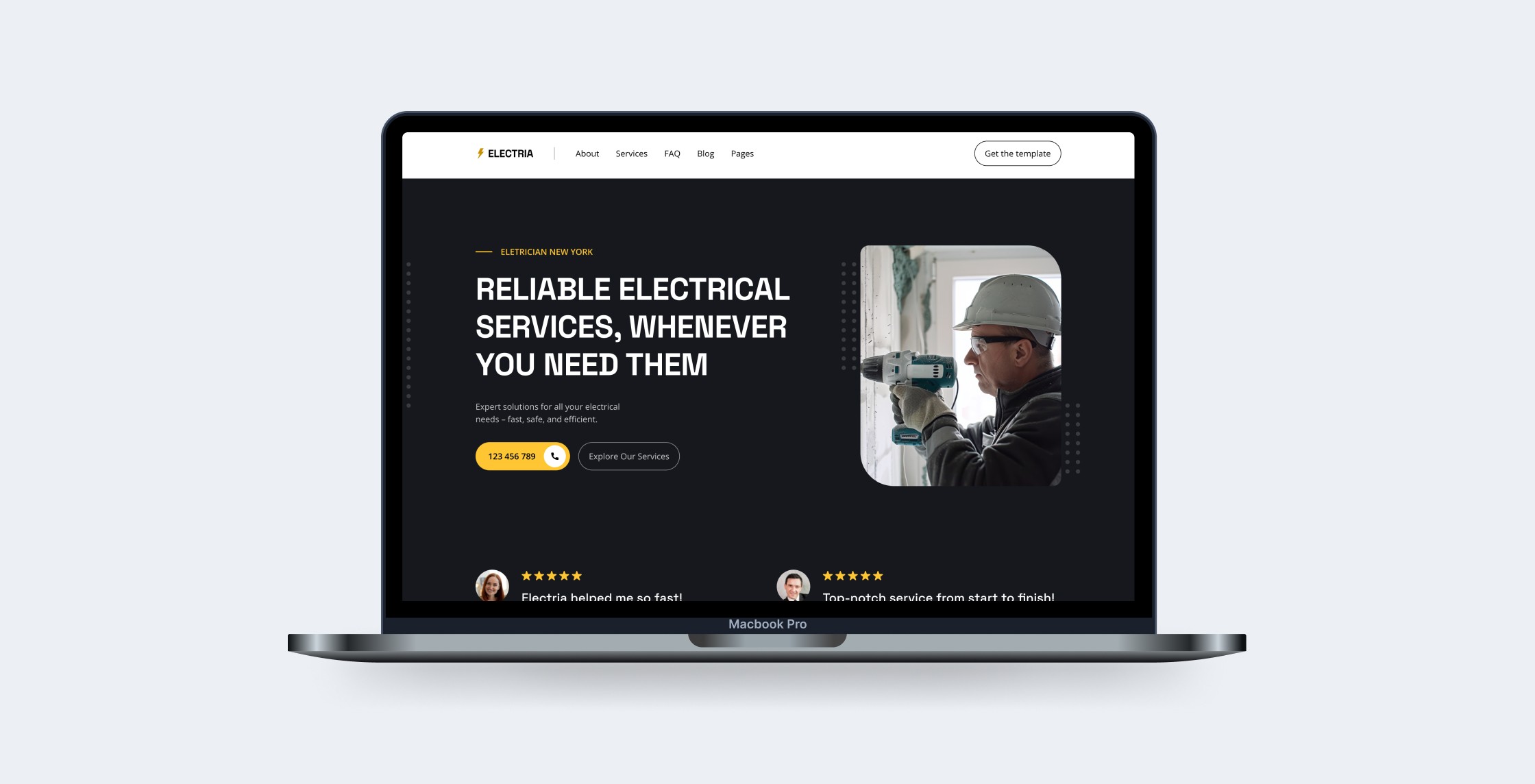 Mackbook mockup with Electrician Website Template