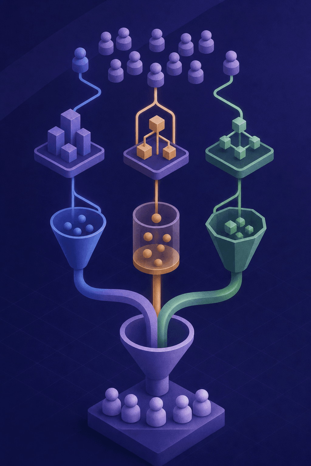 A clean, modern B2B sales illustration showing three distinct pathways or funnels branching from a single source of incoming leads, each path represented by a different color — one blue, one amber, one green — flowing through different shaped abstract filter stages before converging into a single qualified pipeline at the bottom. The background is dark navy with subtle geometric grid lines. Abstract icons represent companies, org charts, and decision nodes along each path. No text, no words, no letters anywhere in the image.