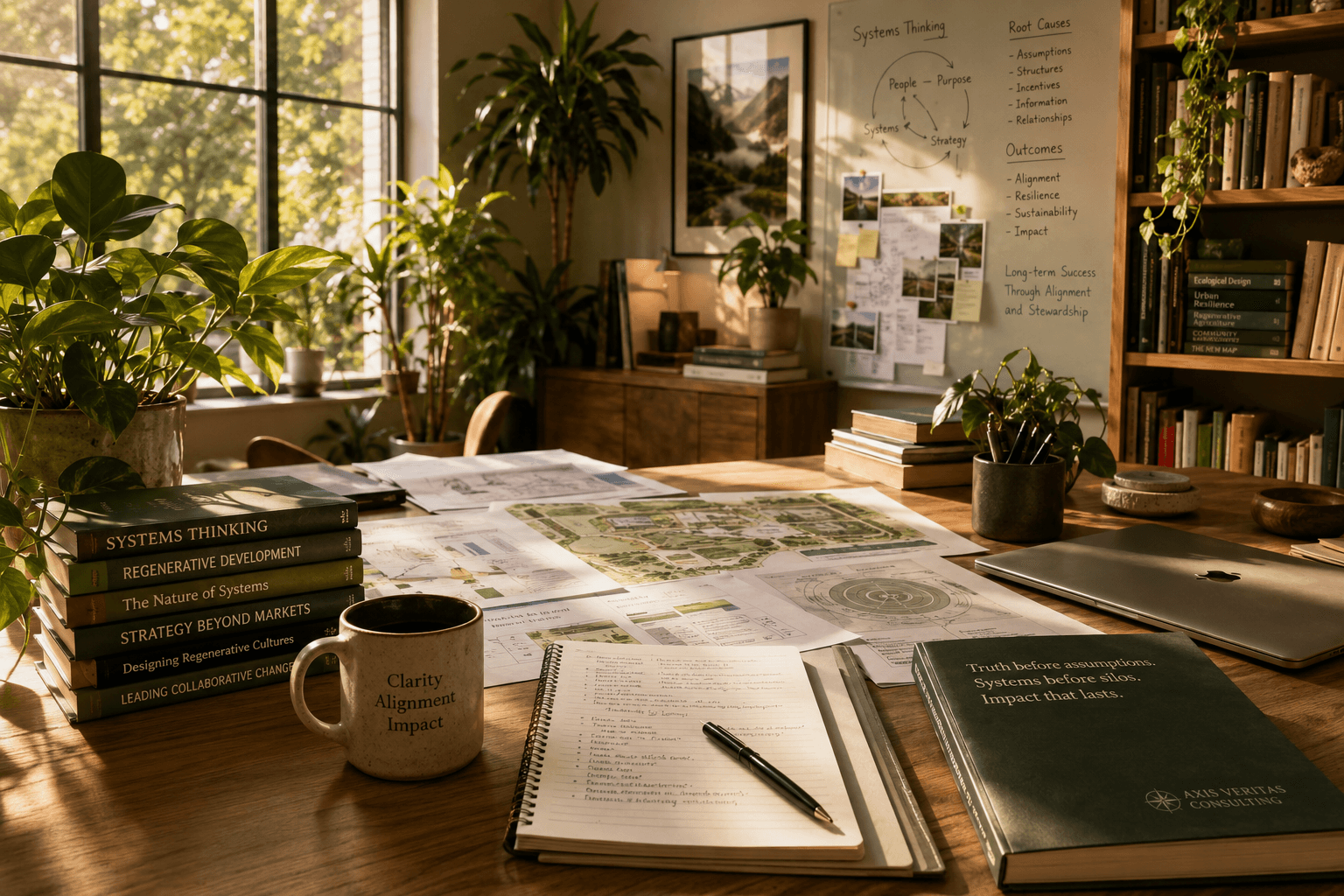 Sunlit workspace with natural materials and research books