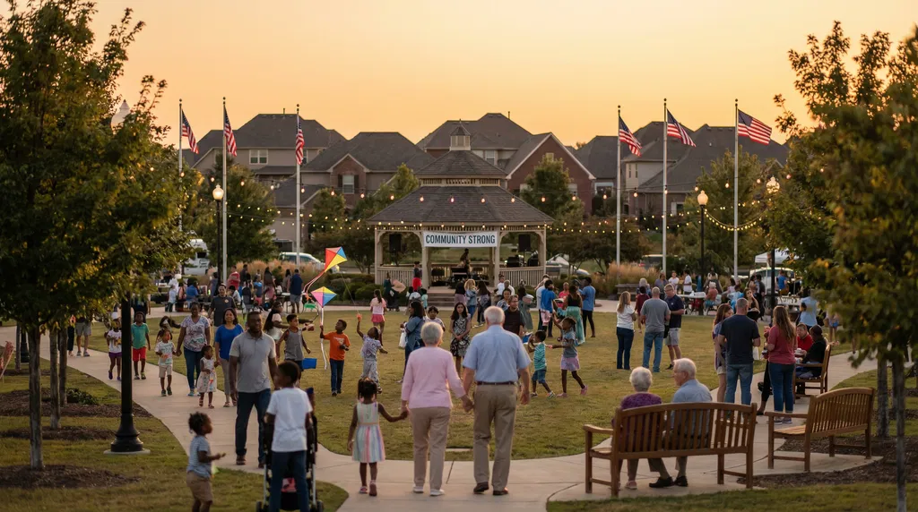 A vibrant outdoor scene at sunset with people walking on paths, surrounded by greenery and buildings in the background.