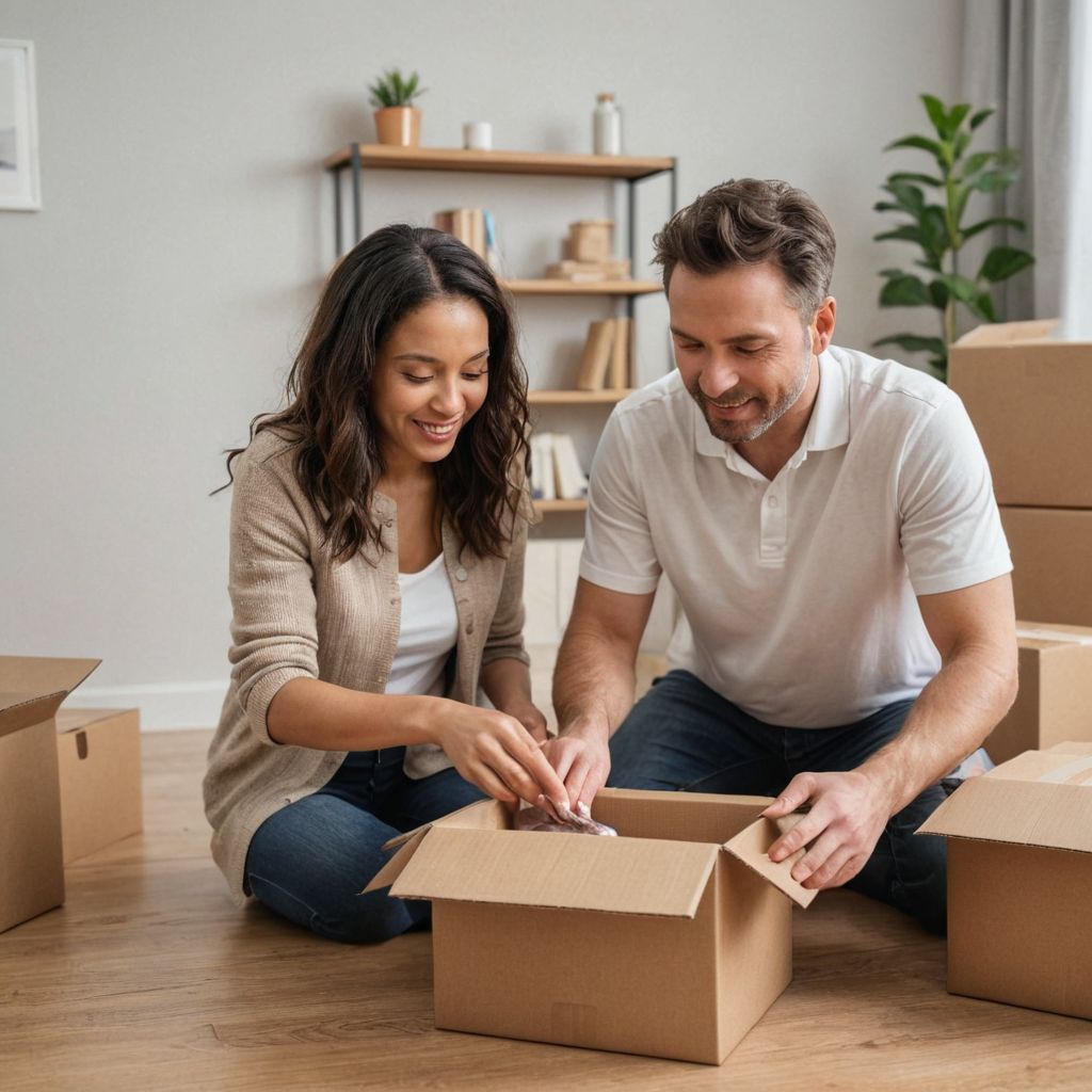 40 year old couple, packaging an item in a box